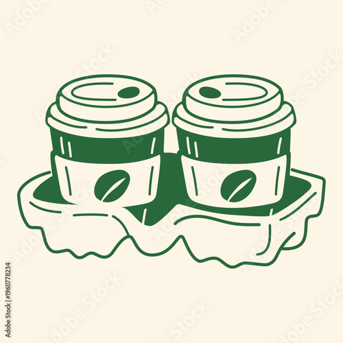 Coffee to go. Double cup holder. Two paper cups of coffee to go in the holder. A coffee-to-go concept for coffee shops