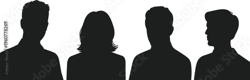 Black silhouettes of diverse group of four anonymous people facing forward, representing diversity, anonymity, teamwork, community, unity, and human identity in symbolic illustration concept