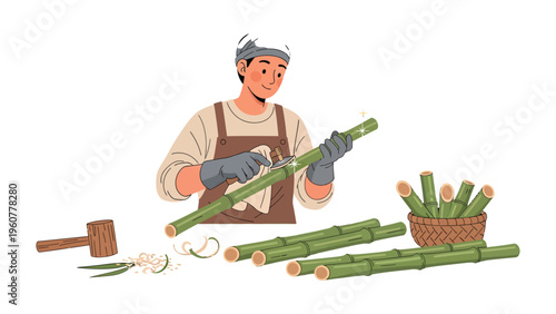 Crafting Bamboo: A skilled artisan meticulously works with bamboo, shaping it with precision and care, surrounded by the raw materials and tools of his trade.