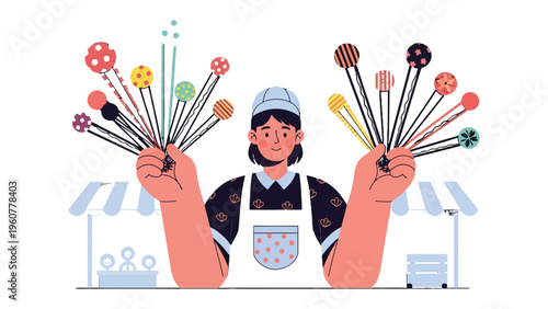 Artisan's Delight: A joyful artisan proudly presents a vibrant array of colorful lollipops at a charming outdoor market. Showcasing the artisan's skills and the enticing allure of the confectionery.