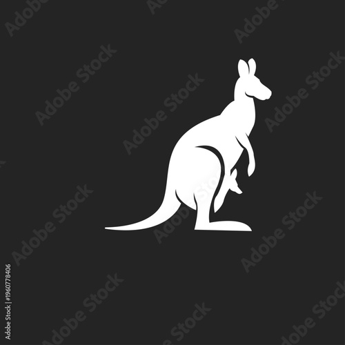 White Kangaroo and Joey Silhouette. Minimalist graphic illustration of Australian marsupial and motherhood on dark background, animal icon.