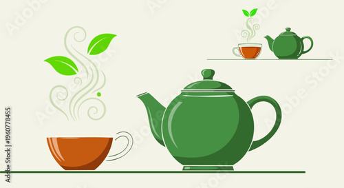 Green ceramic teapot and steaming tea cup vector illustration, organic herbal tea with green leaves, healthy beverage concept for cafe menu