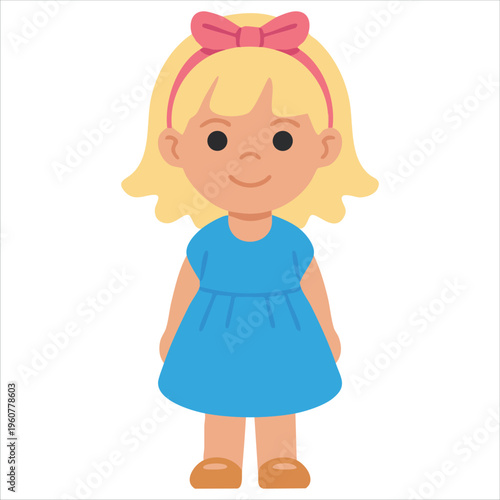 Young Girl Wearing Blue Dress and Pink Bow on a White Background isolated vector illustration on white background