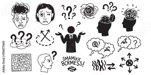 Set of black and white hand drawn vector illustrations of confusion and complicated thoughts on white background.