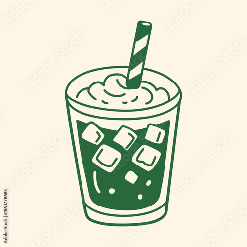 Frappe with whipped cream. A cold frappe drink. Coffee with whipped cream, ice cubes, and a straw, hand-drawn in a minimalist green style.