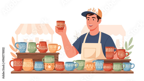 Ceramic Shop Owner: An artisan proudly displays his unique handcrafted mugs, showcasing his passion for his craft.