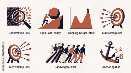 : A set of conceptual illustrations depicting common cognitive biases such as Confirmation Bias, Sunk Cost Fallacy, Dunning-Kruger Effect, and Bandwagon Effect using modern flat design.