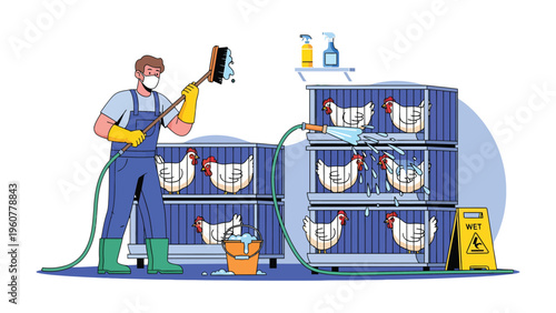 Farm Hygiene: A diligent worker wearing protective gear sanitizes a poultry facility, ensuring a clean and safe environment for the chickens.