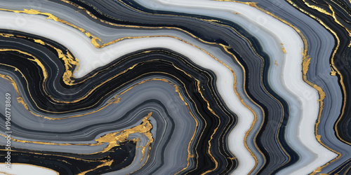 A close-up of blue and yellow stone with wavy metallic liquid patterns and golden paint textures creates a colorful seamless art backdrop of water waves on a brown surface