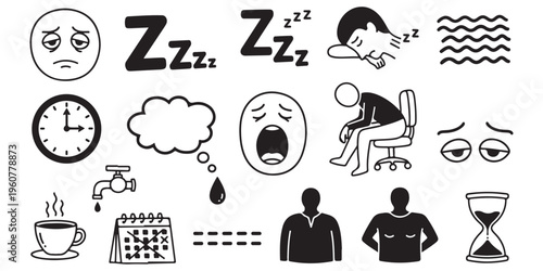 Sleep deprivation and fatigue line icon set featuring exhausted characters yawning and feeling tired daily.
