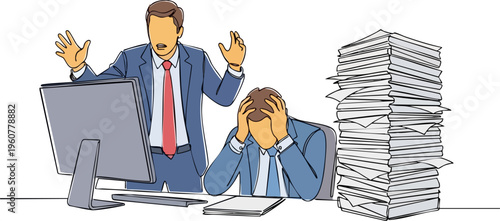 Angry boss shouting at stressed employee in office, toxic work environment with mountain of paperwork, burnout and workplace pressure vector