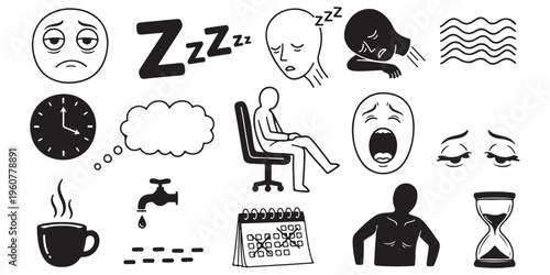 
Exhausted person and lack of sleep collection with yawning faces and tired office workers icons in vector.