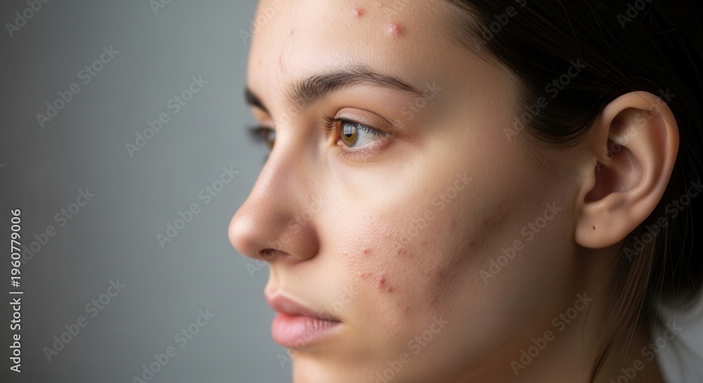 Fototapeta premium Close up profile of young woman with acne