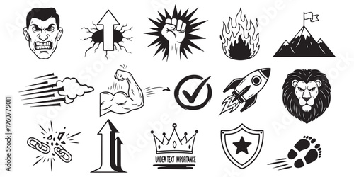 Success achievement icons set with muscular arm and mountain flag plus rocket launch and lion head symbols.
