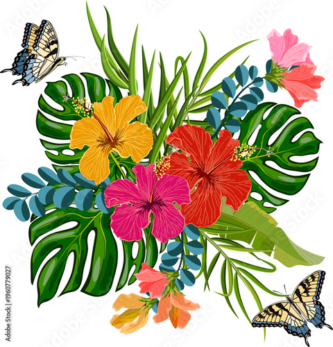 A bouquet of tropical flowers and a butterfly.Vector illustration with tropical flowers and leaves on transparent background with butterflies.