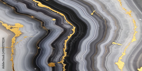 An abstract flowing wave design with blue and gold liquid paint swirls creates a decorative water texture backdrop for this artistic wallpaper illustration