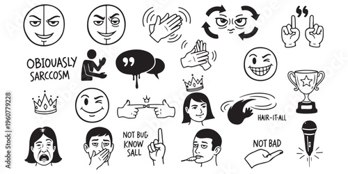 Set of black and white hand-drawn doodle icons representing sarcasm, wit, and communication