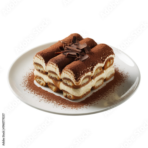 Tiramisu On White Plate isolated on white background
