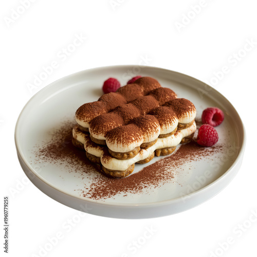 Tiramisu On White Plate isolated on white background