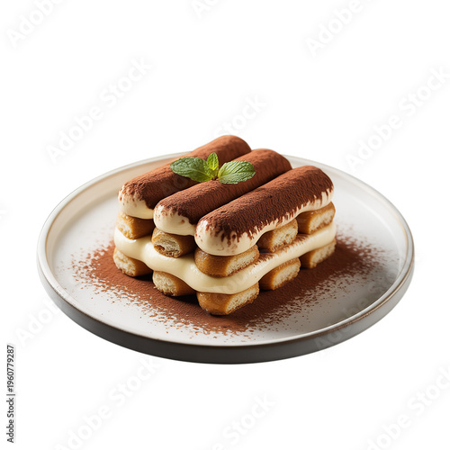 Tiramisu On White Plate isolated on white background