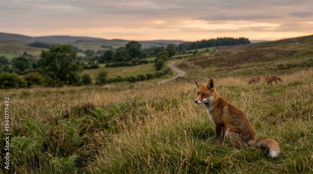 Naklejka premium Red fox sitting in a grassy field at dusk with rolling hills in the background
