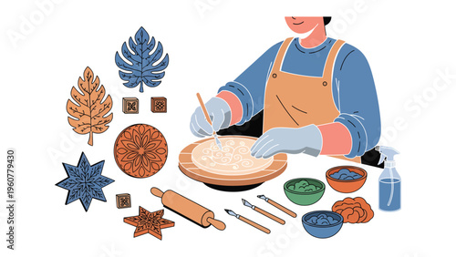 Creative Ceramics: The artist's hand shapes clay, crafting intricate designs amidst a collection of tools and finished artworks, showcasing a passion for artisanal beauty.