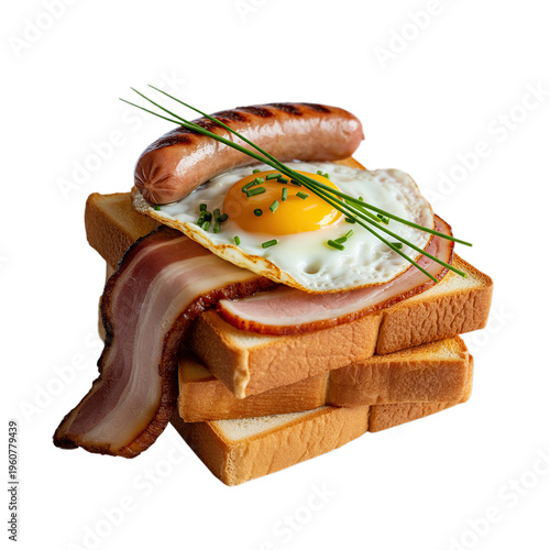 Toast bread with pork belly, egg, ham, sausage isolated on white background