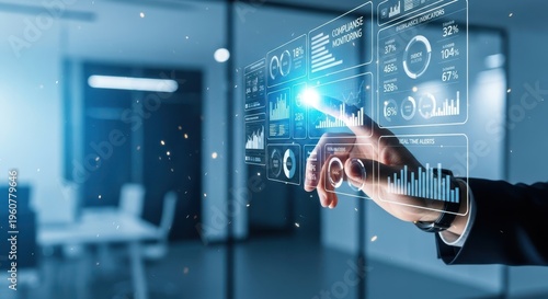 Professional corporate photo of human hand interacting with holographic enterprise compliance monitoring interface, blue blurred modern workspace background