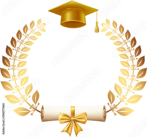Award gold laurel branch. Laurel Leadership wreath. Sports emblem of winner. Golden olive branch as symbol of victory. Graduation frame. Vector Illustration EPS 10.
