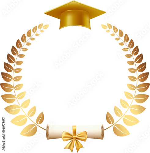 Award gold laurel branch. Laurel Leadership wreath. Sports emblem of winner. Golden olive branch as symbol of victory. Graduation frame. Vector Illustration EPS 10.