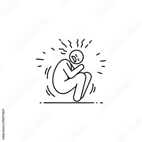 Stick figure person curled up in fetal position shivering and trembling with cold chills vector line art illustration