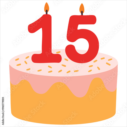 Fifteenth Birthday Cake with Chocolate and Red Flamable Numeral Candles Flat Design