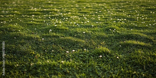 Expansive Green Meadow Landscape with Vibrant Clovers and Soft Light in a Peaceful Nature Setting