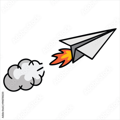 Burning Paper Plane with Smoke Trail isolated vector illustration on white background