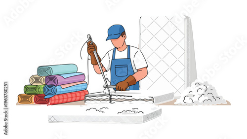 Mattress Maker at Work: A skilled artisan meticulously works on a mattress, surrounded by fabric rolls and materials, embodying craftsmanship and the art of bedding.