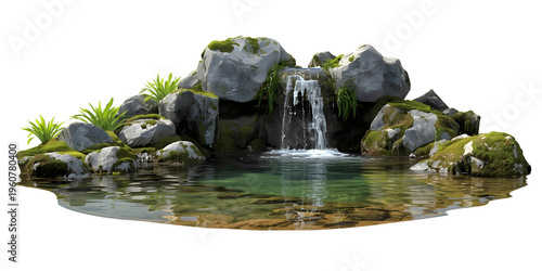 Serene Waterfall Oasis Captivating scenery featuring a pristine waterfall cascading into a tranquil pool surrounded by lush greenery and rugged stones. A perfect symbol of harmony.