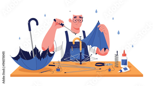Artisan Crafting Resilience: An artisan meticulously repairs a vibrant blue umbrella, showcasing the delicate balance of craftsmanship and functionality.