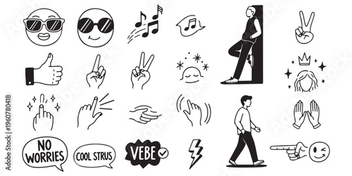 Set of hand drawn diverse doodles with cool emoticon, music notes, people, and hand gestures