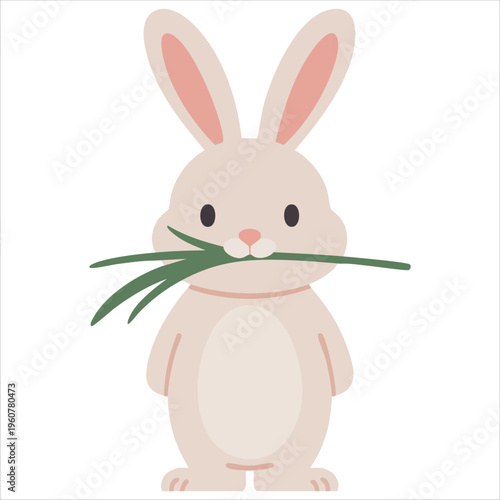 White Bunny with Grass in Its Mouth isolated vector illustration on white background