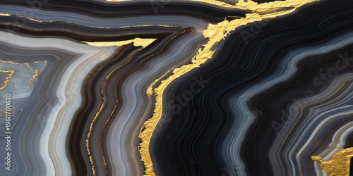 A close up shot of a black and yellow liquid wave featuring a shiny gold texture and flowing metallic design for a decorative art wallpaper