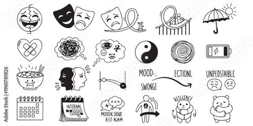 Set of hand drawn diverse doodles representing mental health emotions, mood swings, and therapy