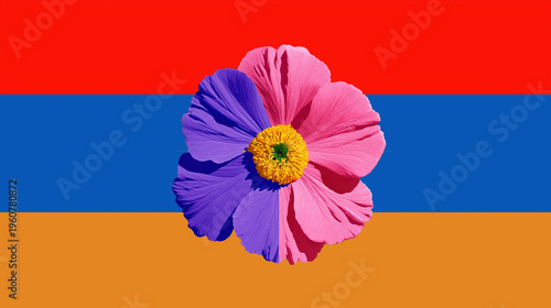 National flag of Armenia with forget-me-not flower. Armenian Genocide Remembrance Day, April 24 memory, history and sorrow concept graphic illustration