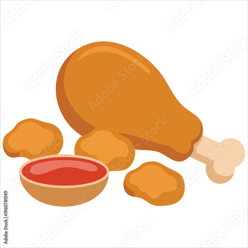 Vector Art of Chicken Leg with Nuggets and Dipping Sauce on White
