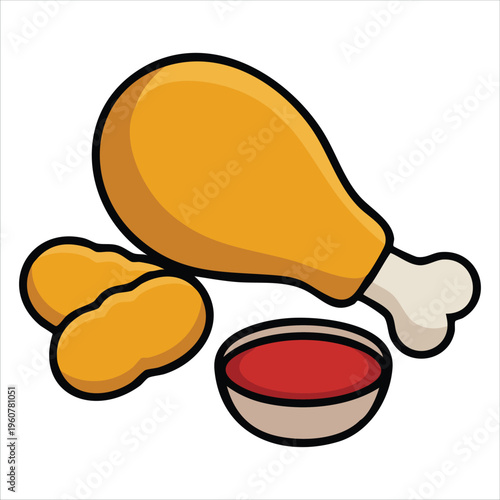 Isolated Vector Illustration of Chicken Nuggets and Leg with Sauce