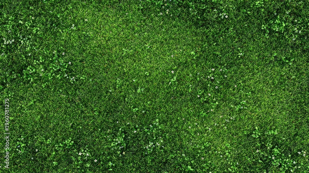 Fototapeta premium A top view of lush green grass with daisies growing in the corner, creating an enchanting and inviting background for design projects
