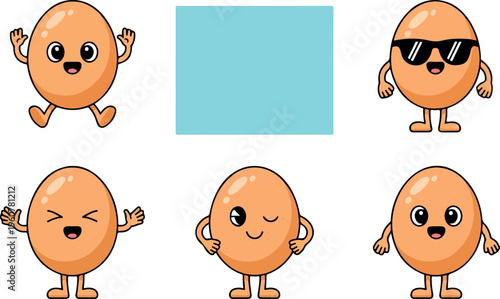 Cute cartoon happy egg character smiling adorable food mascot simple minimal breakfast concept vector illustration isolated design