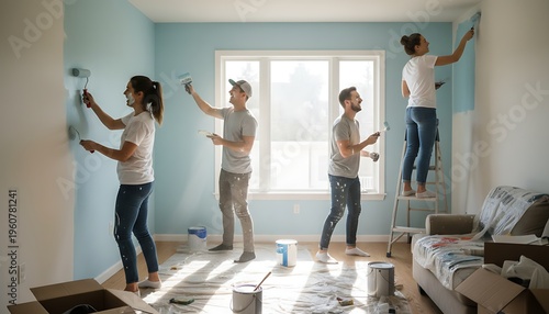 Four people painting a room with light blue walls and white trim in a modern home