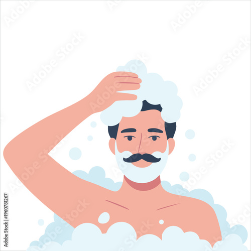 Male Hair Washing with Shampoo Flat Vector Stock Illustration for Hygiene