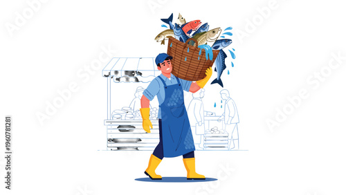 Fresh Catch: A Fishmonger's Bounty: A vibrant illustration depicts a fishmonger proudly carrying a basket overflowing with fresh, glistening fish, a testament to the day's catch.