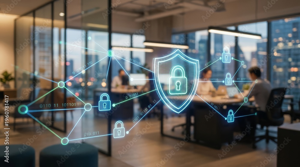 Fototapeta premium Digital cybersecurity shield protecting a secure network in a modern office with people working at night